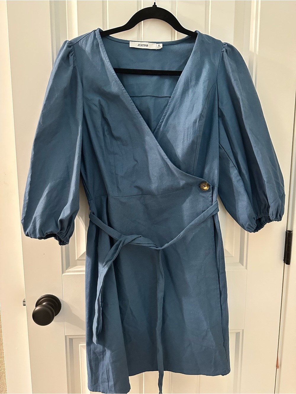 JustFab Dusty Blue Wrap Mini Dress with Puff Sleeves
